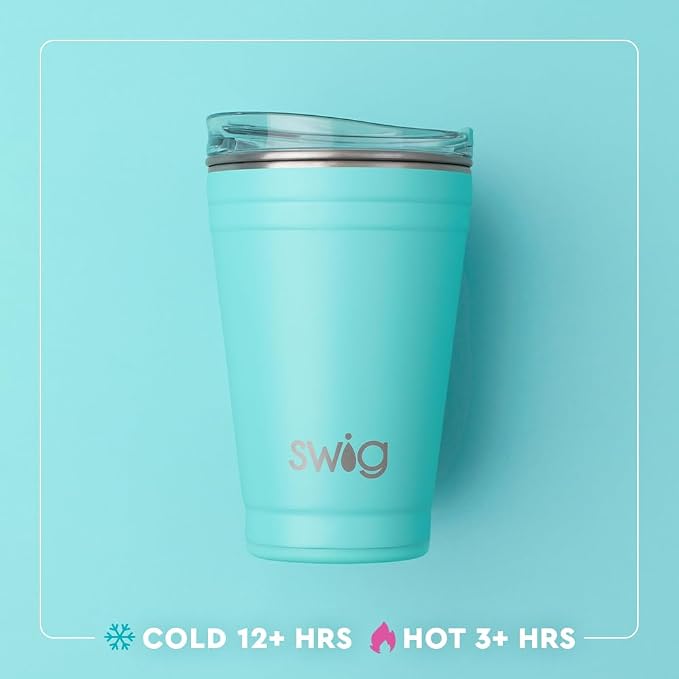 Swig Life 18oz Party Cup, Stackable Insulated Travel Coffee Tumbler with EZ Slider Lid, Cup Holder Friendly, Stainless Steel 18 oz Tumbler, Reusable Coffee Mug (Glacier Stripe)