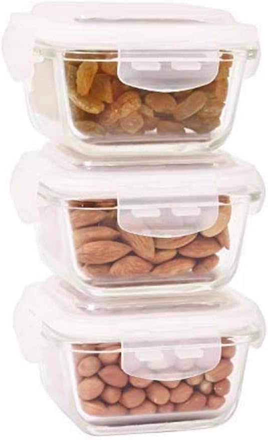 Femora Borosilicate Glass Microwave Safe Mini Square Container with Air Tight Air Vent Lid, 180ML, Set of 3, Clear