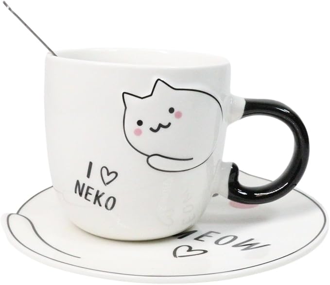 Ebros Pack Of 2 Crazy For Cats Maneki Neko Porcelain Coffee Tea Mug Cup 8oz With Saucer Tray And Notched Spoon Animal Pets Kittens Mugs Cups Kids And Adults Drinkware (White Pink Blushes)