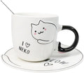 Ebros Pack Of 2 Crazy For Cats Maneki Neko Porcelain Coffee Tea Mug Cup 8oz With Saucer Tray And Notched Spoon Animal Pets Kittens Mugs Cups Kids And Adults Drinkware (White Pink Blushes)