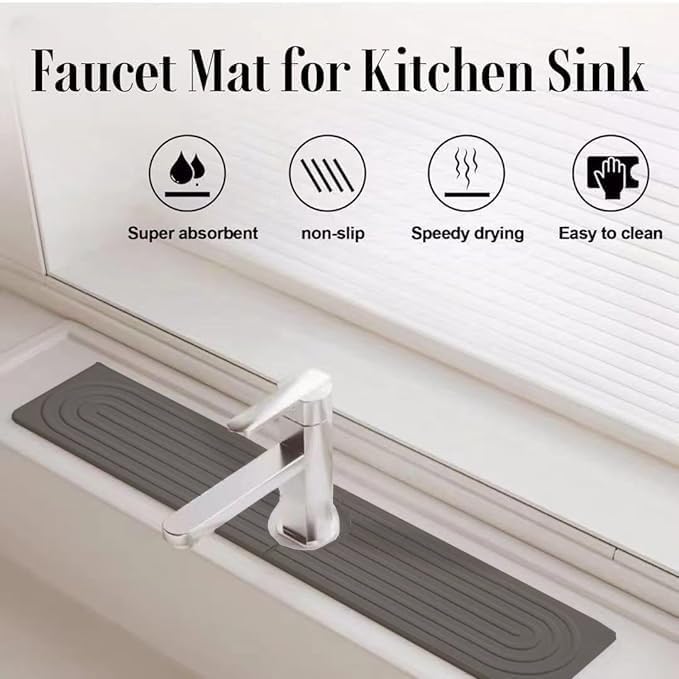 Quick Drying Stone Faucet Mat for Kitchen Sink, 23.6'' Long Diatomite Sink Tray, Faucet Splash Guard for Kitchen,Bathroom Counter, Prevents Moisture, Super Absorbent, White (Dark grey)