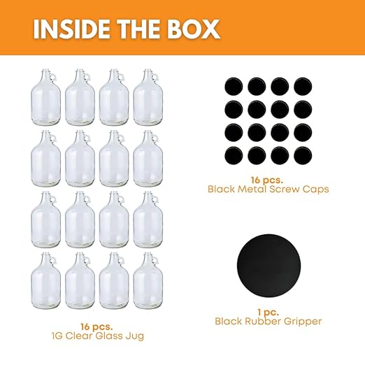 Fastrack 16-Pack 1 Gallon Glass Jug (128 oz) w/16 38mm Black Metal Screw Cap – Multipurpose 1 Gallon Jug, & Detergent Dispenser for Laundry, Glass Jar for Liquids, Water & Juice