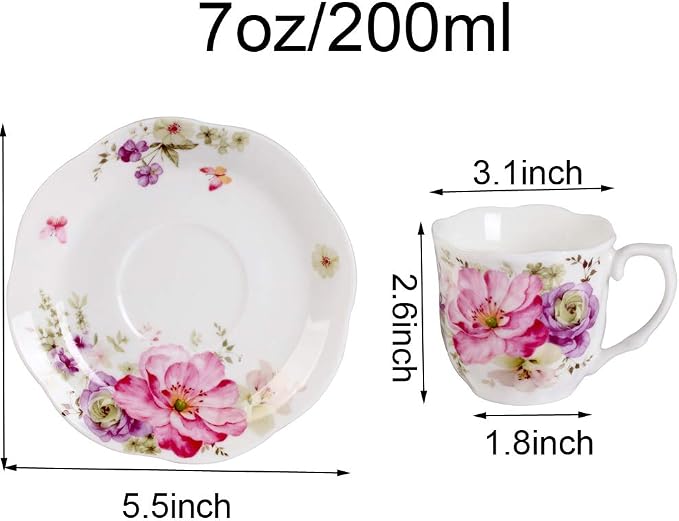 GuangYang 7 oz Porcelain Tea Cups and Saucers Set of 6, Pink Floral Design – Elegant Gift Set for Tea Lovers, Coffee, Cappuccino, Mocha, Weddings, Housewarming & Holidays