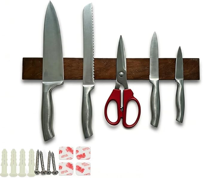 16 Inch Magnetic Knife Holder for Wall, Wall Mounted Stainless Steel Core, Walnut Finish, Kitchen Tool Storage Rack