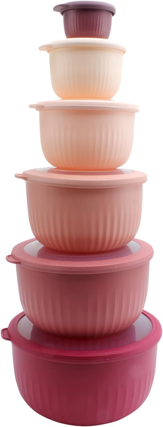 COOK WITH COLOR Prep Bowls with Lids- Wide and Deep Nesting Plastic Small Mixing Bowl Set with Lids, 12 Piece Set - Deep Bowls, Rose
