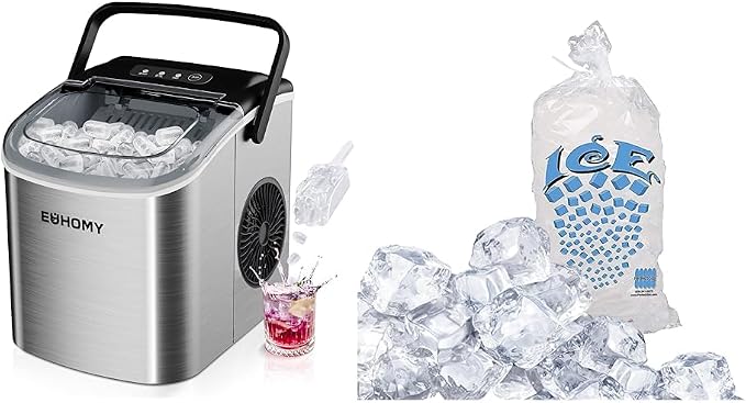 EUHOMY Countertop Ice Maker Machine with Handle, 26lbs in 24Hrs, 9 Ice Cubes & Perfect Stix Icebag10TT-50 Ice Bag with Twist Tie Enclosure, 10 lbs (50/Pk), Clear