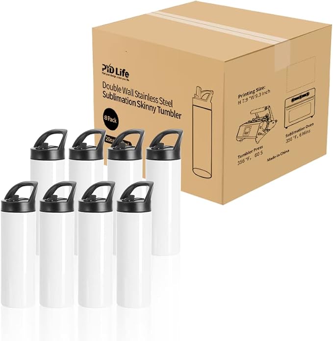 PYD Life 8 Pack Sublimation Tumblers Blanks Cups Bulk White 20 OZ Skinny Straight Sports Water Bottles Mugs with Portable Sippy Up Lid with Straw,for Tumbler Heat Press