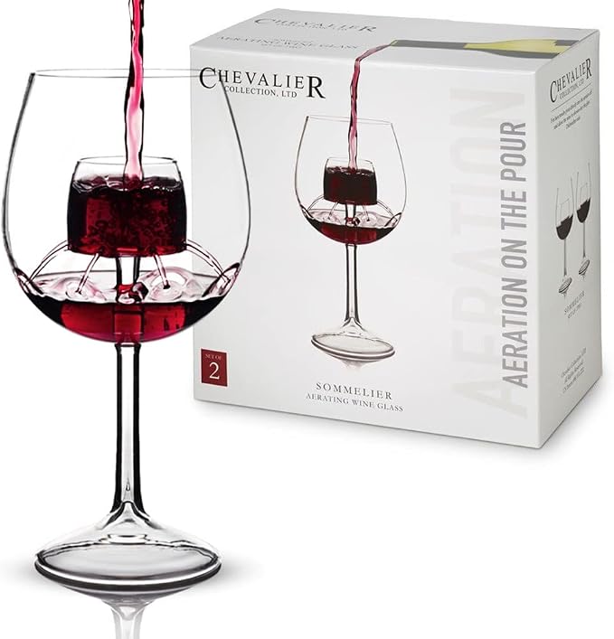 Sommelier Aerating Wine Glasses (Set of 2) by Chevalier Collection - Handblown Wine Glasses with Patented Built-In Aerator - Gift Packaging