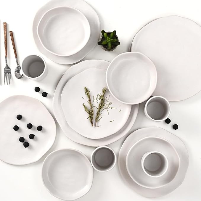 Cabtnca Plates and Bowls Sets for 4, 16 Pcs Modern Stoneware Dinnerware Sets, Highly Chip Scratch Resistant, Microwave & Dishwasher Safe, Irregular Dish Set for Kitchen Home, Speckled White