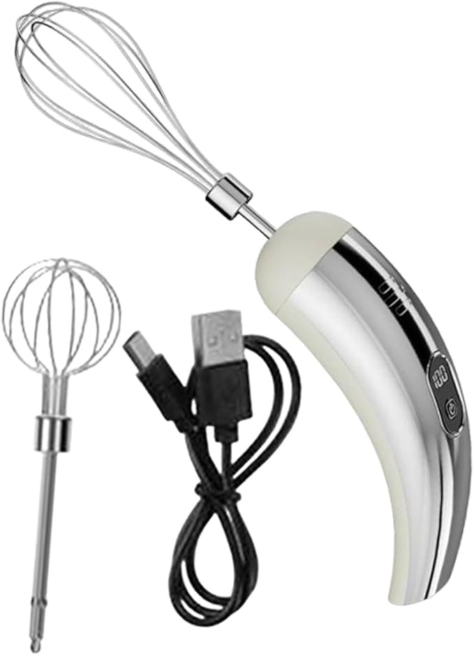 Electric Egg Beater Handheld Milk Frother Cordless Cream Mixer Adjustable 5 Speeds Stainless Steel USB Whisk Suitable for Kitchen, Silver White