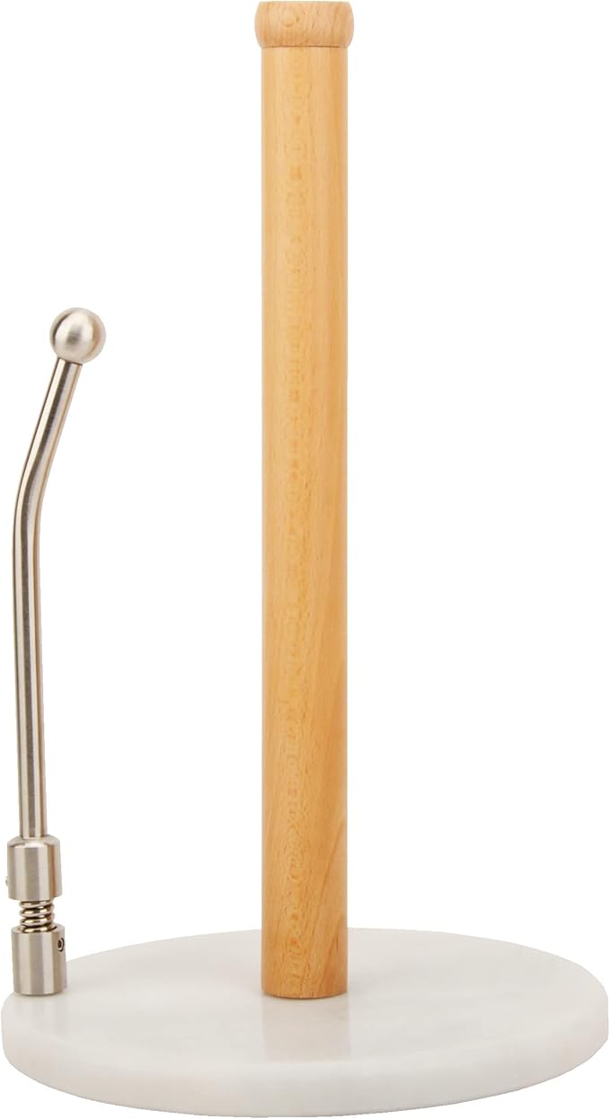 Spiretro Elegant Marble & Wood Paper Towel Holder – Real White Marble Base, Natural Wood Rod & Stainless Steel Tension Arm – Jumbo Roll Compatible – 7.75" W x 7.75" D x 13.25" H