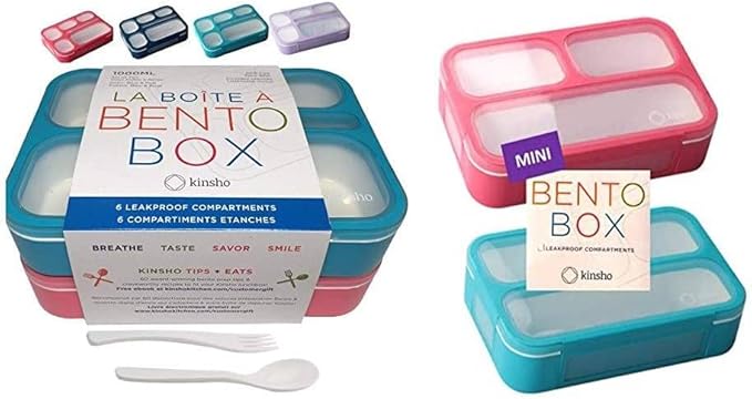 Bundle of 2 Bento Lunch Box Kids & Adult (Blue & Pink) + 2 Small Bento Lunch Box for Girls Boys (Blue & Pink)