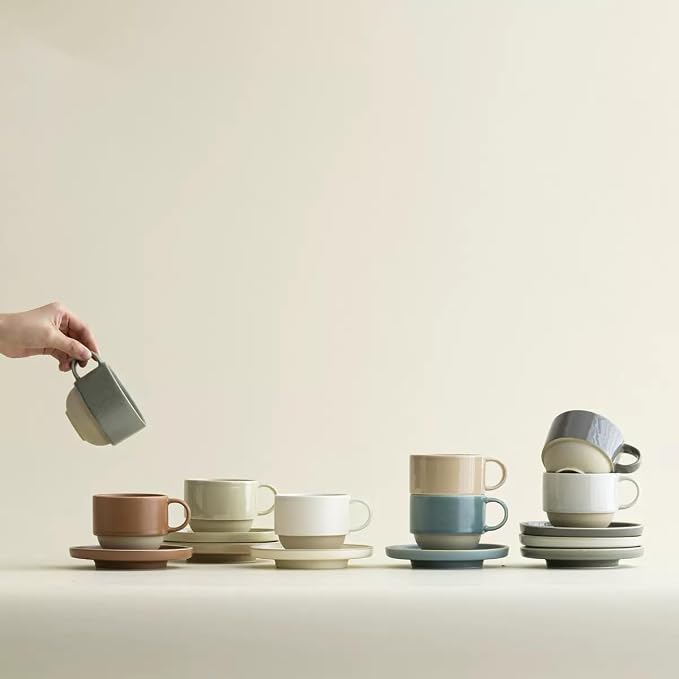 Little minimalist ceramic pottery tea cup with saucer, espresso cup | Matte Grey,Durable,Microwave and dishwasher safe, stoneware demitasse cup for lungo,cortado,Matcha, Americano