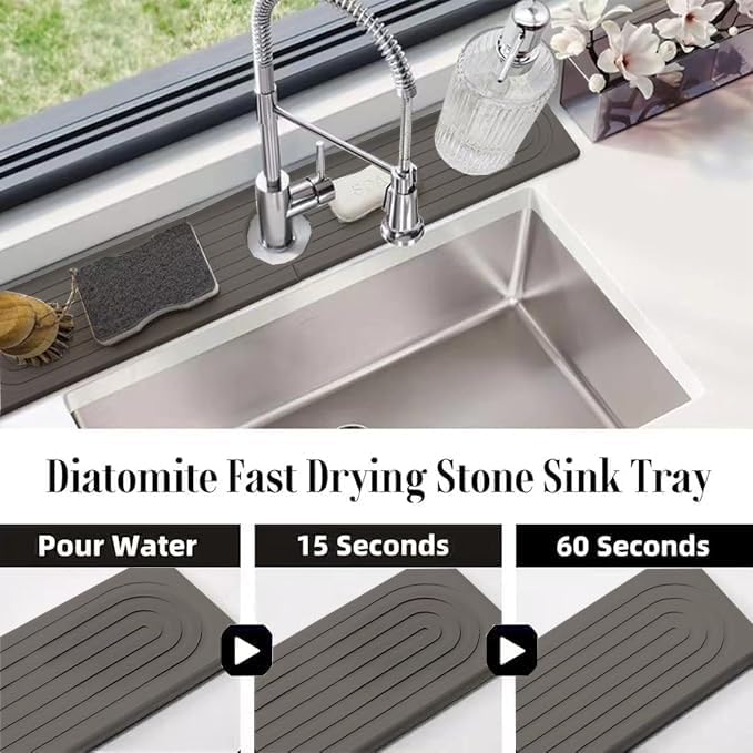 Quick Drying Stone Faucet Mat for Kitchen Sink, 15.7'' Long Diatomite Sink Tray, Faucet Splash Guard for Kitchen,Bathroom Counter, Prevents Moisture, Super Absorbent, White (Dark grey)