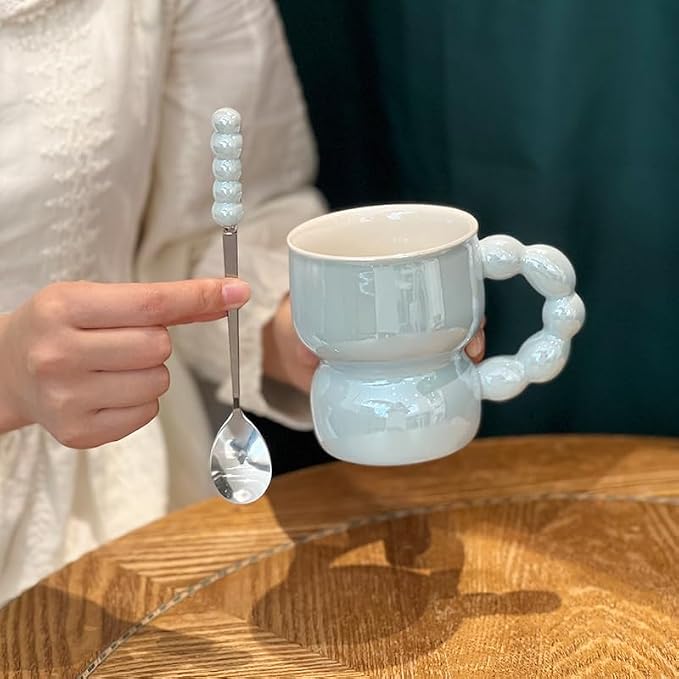 Pearl Ceramic Coffee Mug for Tea Latte Milk Cute Love Shape Cup for Home Office Women Gift 6.5 oz (Pearl Blue 2, 300 ml)