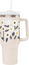Santa Barbara Design Studio Insulated Tumbler with Handle and Straw Vacuum Sealed Stainless Steel Travel Mug, 40-Ounce, White/Gold Foil Flowers