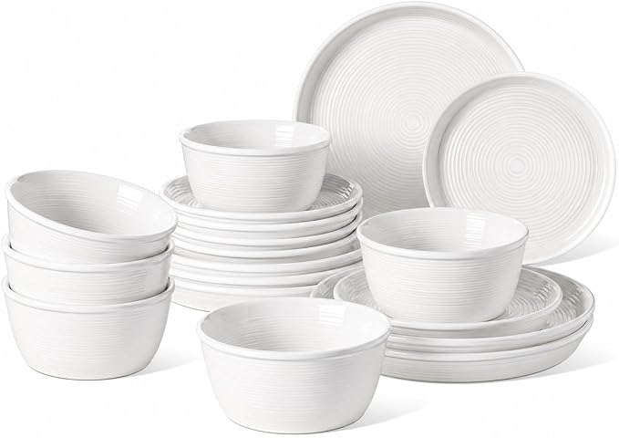 LE TAUCI Ceramic Plates and Bowls Set for 6, 18-Piece Ceramic Dinnerware Set, Farmhouse Dishes Set, Microwave & Dishwasher Safe, Stackable, 10" Dinner+8" Salad Plates+6" Bowls, White