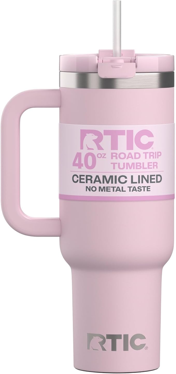 RTIC 40 oz Road Trip Tumbler Double-Walled Cermaic Lined Insulated Stainless Steel Portable Travel Coffee Mug Cup with Lid, Handle and Straw, Pale Pink