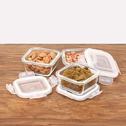Femora Borosilicate Glass Microwave Safe Mini Square Container with Air Tight Air Vent Lid, 180ML, Set of 3, Clear