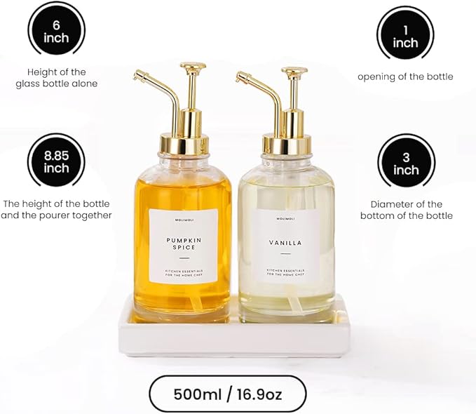 Molimoli Coffee Syrup Dispenser for Coffee Bar, Coffee Pump Dispenser | Coffee Syrup Dispenser for Coffee Bar with Ceramic Tray, Coffee Pump Dispenser Set of 4, 500ml Gold, 1 Set with Tray