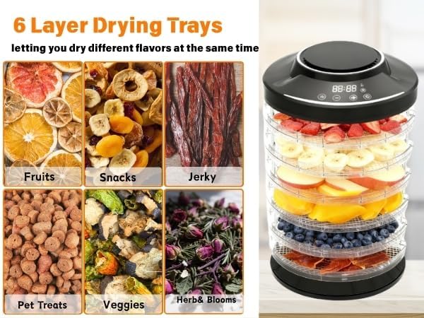 Mushroom Dehydrator,6 Trays Food Dehydrator Machine with 24H Timer, 600W 158°F Food Dryer Dehydrator for Jerky, Herbs, Meat, Fruit,Dog Treats (Black)