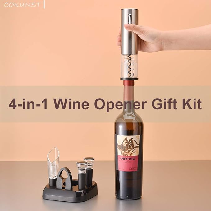 COKUNST Electric Wine Opener Set, 4-in-1 One-click Button Bottle Openers with Wine Pourer, Vacuum Stoppers, Foil Cutter for Wine Lovers Home Kitchen Party Wedding Bar - USB Rechargeable (Silver)