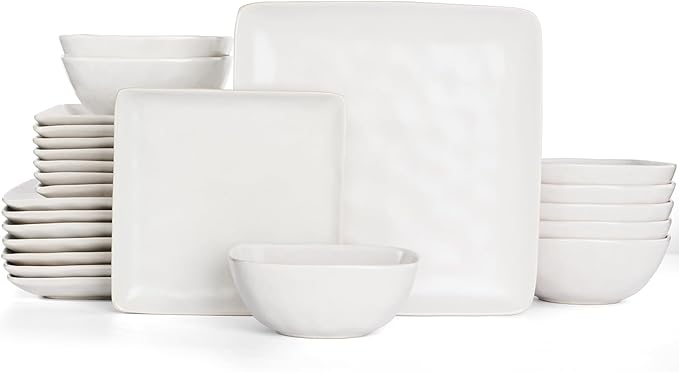 Famiware Stoneware Dinnerware Sets for 8, Ocean Square 24-Piece Kitchen Plates and Bowls Sets, Microwave and Dishwasher Safe, Scratch Resistant, Matte White