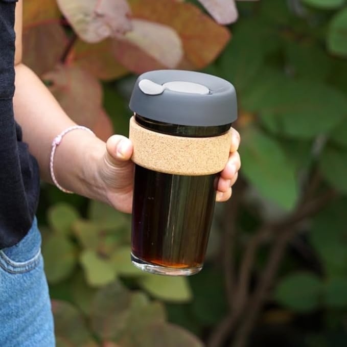 KeepCup Brew Cork, Reusable Glass Tumbler with Natural Cork, Grande Coffee Cup 16oz/454ml - Press