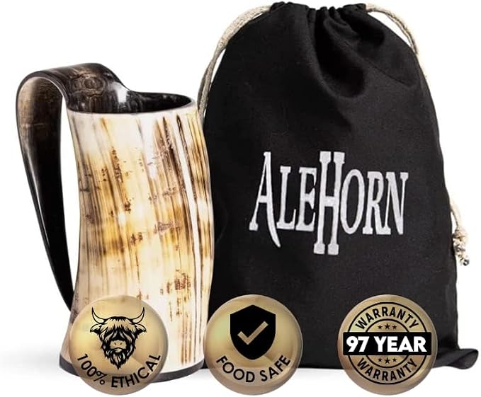 AleHorn Viking Drinking Horn Mug – Real Ox Horn Mead and Ale Cup – Handcrafted Medieval Style Norse Cup for Beer, Parties, Home Bar Decor & Holiday Gifts for Men – 12oz