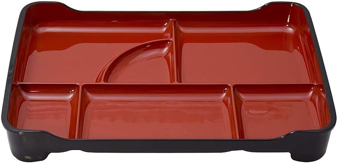 JapanBargain 1590, Japanese Lunch Bento Box Traditional Plastic Lacquered Bento Plate 6 Compartments for Restaurant or Home, Red and Black Color, 14"x9.25", Made in Japan, 5 Pack