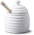 Traditional Porcelain Honey Pot Jar with Beech Wood Drizzler, Dipper – Honey Bee Hive Shaped Storage Pot with Lid, Perfect for Honey and Maple Syrup, 11cm – White