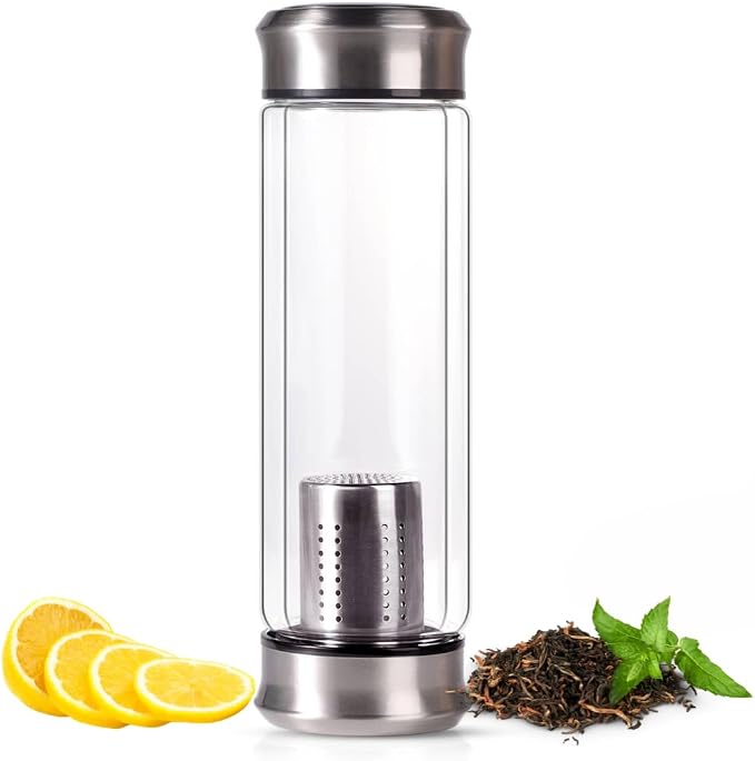 Double Wall Glass Tea Bottle with Infuser - Loose Leaf Tea Steeper, Insulated Cup, Fruit Brewer, Glass Mug With Double Lids - Portable Brewer - Water Infuser Bottle - 13.5 & 10 oz (13.5 oz)