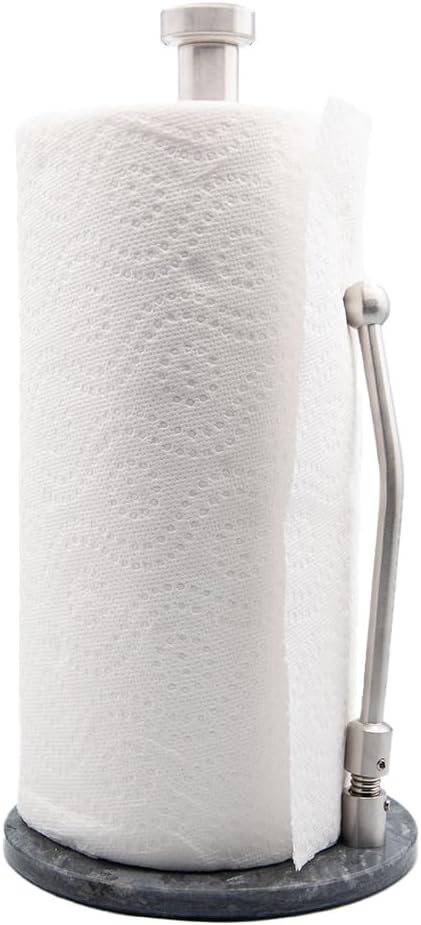 Paper Towel Holder with Marble Base – Weighted Countertop Stand, One-Hand Tear, Stainless Steel Rod, Natural Stone Base, Available in Gray & White Marble
