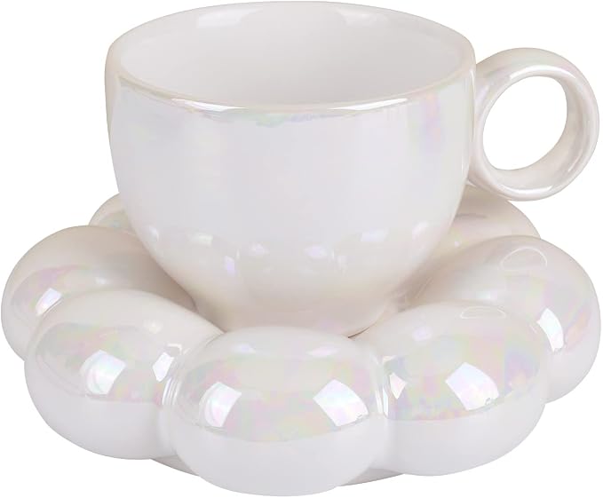 Koythin Ceramic Coffee Mug with Saucer Set, Creative Cute Cup with Sunflower Coaster for Office and Home, 6.5 oz/200 ml for Tea Latte Milk (Pearl White)