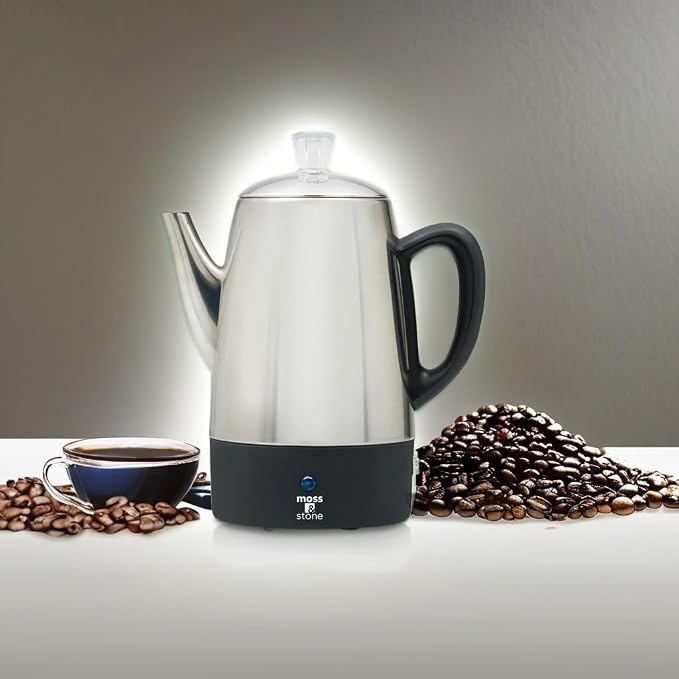 Moss & Stone Percolator Coffee Pot Electric 10 Cup, Stainless Steel Coffee Maker. With Keep Warm Function, 10 Cups Stainless Steel Percolator With Coffee Basket