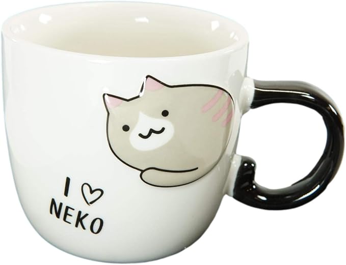 Ebros Pack Of 2 Crazy For Cats Maneki Neko Porcelain Coffee Tea Mug Cup 8oz With Saucer Tray And Notched Spoon Animal Pets Kittens Mugs Cups Kids And Adults Drinkware (Brown Pink Ears)