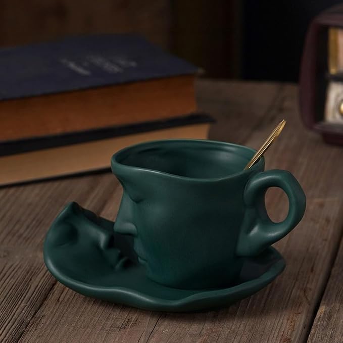Human Face Ceramic Coffee Mug, 8.8oz/260ml Kissing Coffee Cup with Saucer Coffee Spoon, Tea Cup Milk Latte Espresso Cappuccino Juice Beverage Iced Tea Water Cups Drinkware (Green)