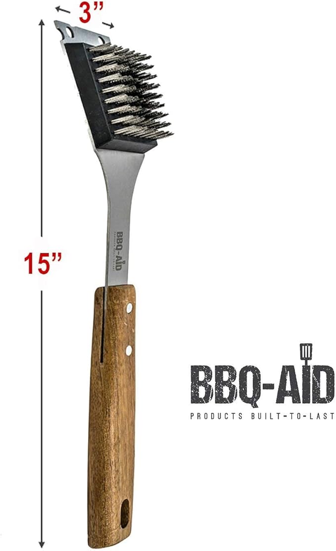 BBQ-AID Grill Brush and Scraper with 2 Replacement Heads - Extended, Large Wooden Handle and Stainless Steel Bristles – Safe, No Scratch Cleaning - Best for Any Grill: Char Broil & Ceramic