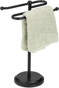 J&V TEXTILES Classical Steel Towel Rack Holder Stand with 2 Hanging Rings for Bathroom Vanity Countertops - Space Saving Hand Towel Holder (Matte Black)