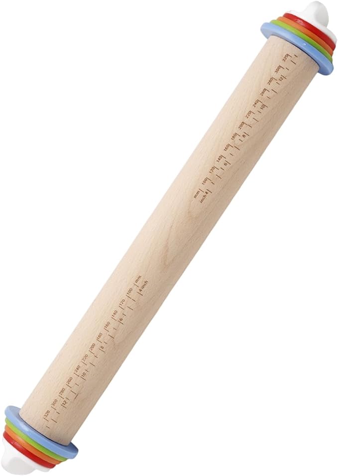 16.7" Rolling Pin with Thickness Rings for Cookies, Dough, Pizza & Pastries, Roller Rod for Dough Thickness, Adjustable Wooden Rolling Pin with 4 Thickness Rings,1PCS