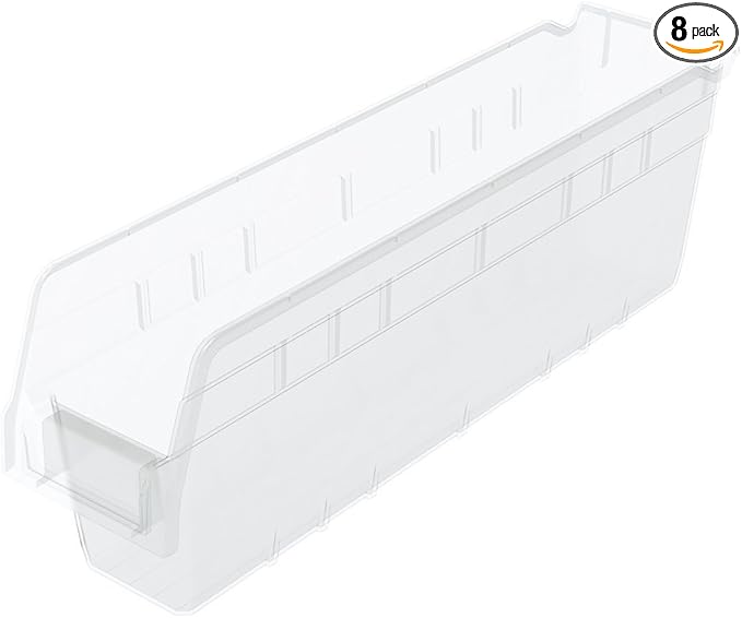 Akro-Mils 30048 Plastic Nesting ShelfMax Storage Bin Box, (18-Inch x 4-Inch x 6-Inch), Clear, (8-Pack)