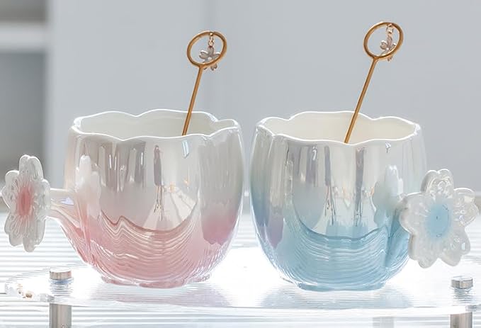 Pearl Ceramic Coffee Mug for Tea Latte Milk Cute Love Shape Cup for Home Office Women Gift 6.5 oz (cherry pink, 350 ml)
