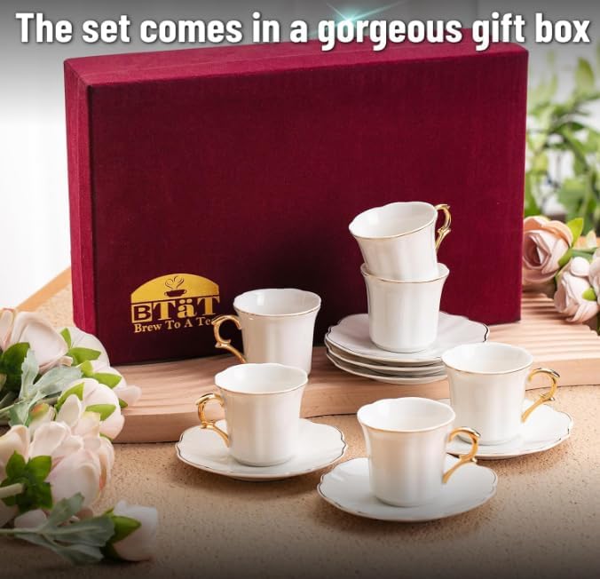 BTaT- Turkish Coffee Cup Set, 3 oz, 6 Set (12 pcs), Elegant White Cups & Saucers with Gold Trim & Gift Box, Small Porcelain Espresso Set for Serving Greek, Arabic & Turkish Coffee, Gift Giving