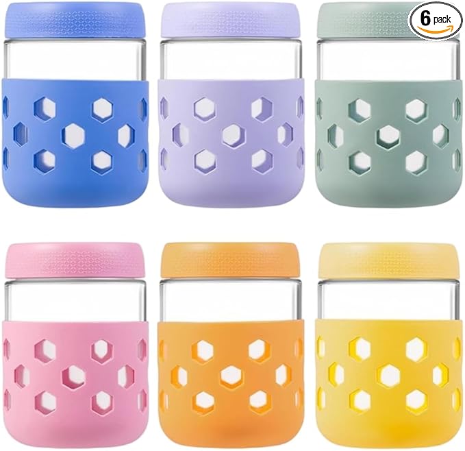 6-Pack Mason Jars with Silicone Sleeves, Airtight Food-Safe Containers with Lids, Leak-Proof Meal Prep Jars for Oats, Yogurt, Snacks