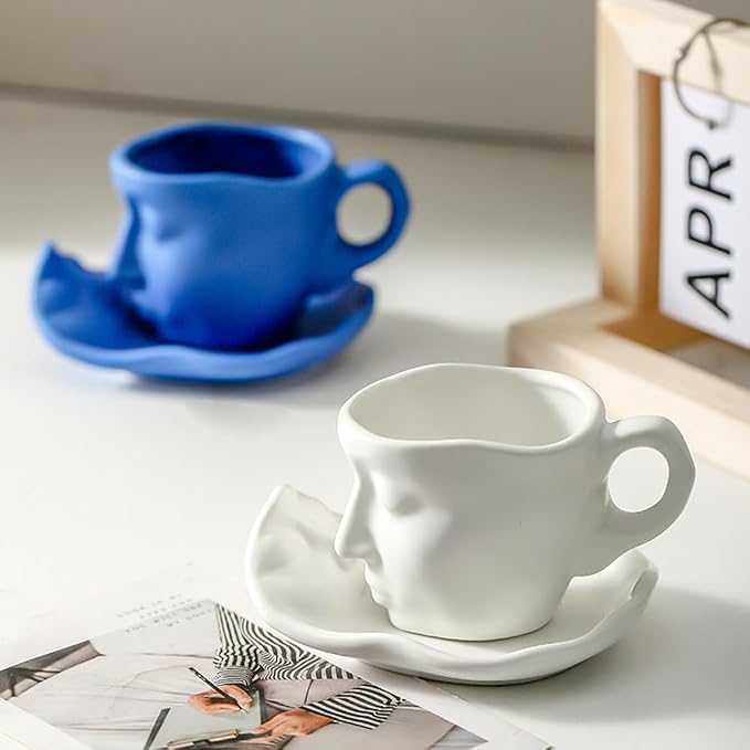 Human Face Ceramic Coffee Mug, 8.8oz/260ml Kissing Coffee Cup with Saucer Coffee Spoon, Tea Cup Milk Latte Espresso Cappuccino Juice Beverage Iced Tea Water Cups Drinkware (White)