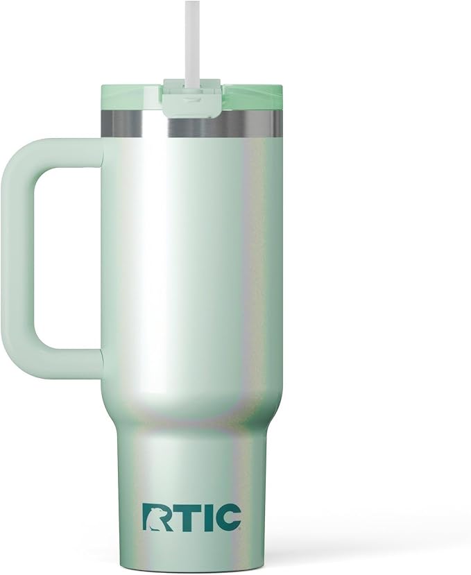 RTIC 30 oz Road Trip Tumbler Double-Walled Ceramic Lined InsulatedStainless Steel Portable Travel Coffee Mug Cup with Lid, Handle and Straw, Fresh Mint Glitter