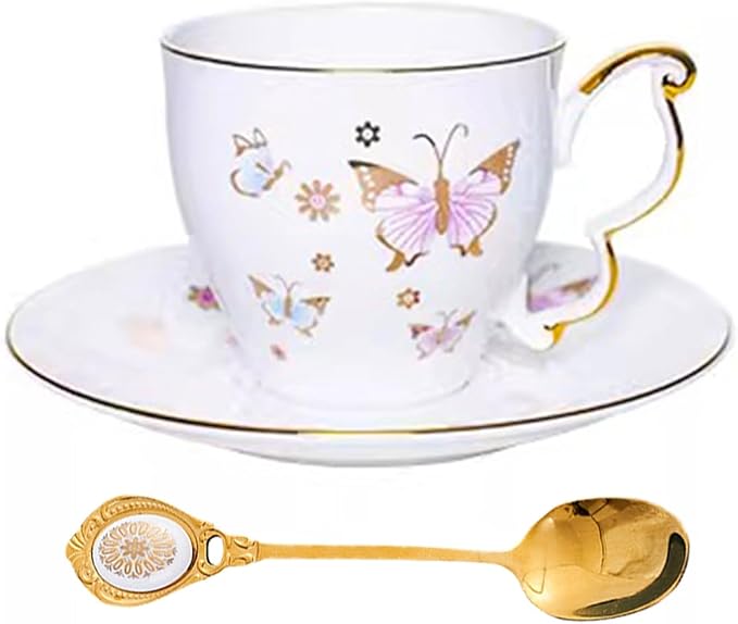 Butterfly Cup and Saucer Set, Bone China Tea Cup and Saucer with Spoon, Porcelain Coffee Mug with Gold Trim, Dishwasher Safe, Gift for Women, Mom, Friends, 6.8 oz