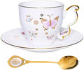 Butterfly Cup and Saucer Set, Bone China Tea Cup and Saucer with Spoon, Porcelain Coffee Mug with Gold Trim, Dishwasher Safe, Gift for Women, Mom, Friends, 6.8 oz