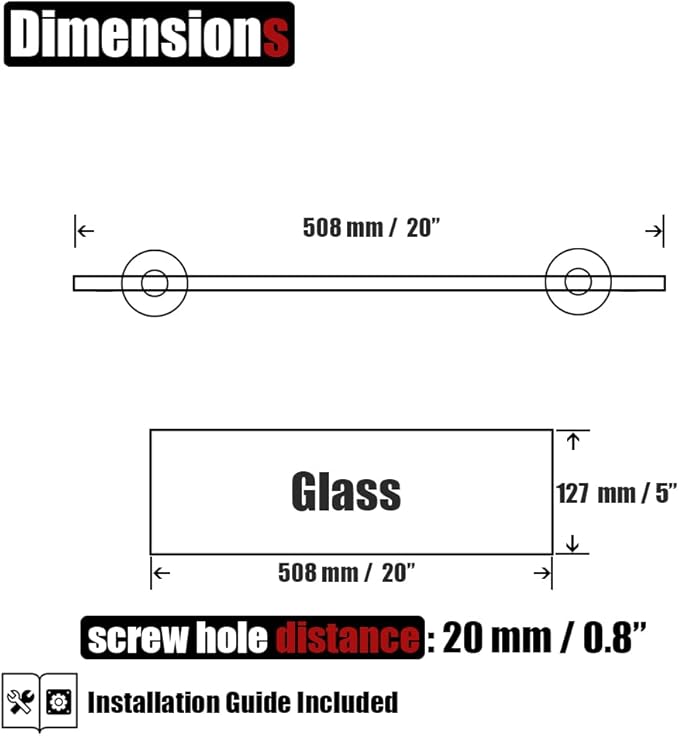 JQK Bathroom Glass Shelf Chrome, Tempered Glass Shower Storage 20 by 5 inches, 304 Stainless Steel Polished Chrome Wall Mount, 2 Pack, TGS101L20-CH-P2