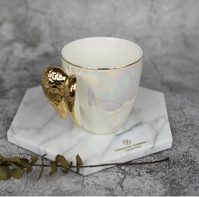 Pearl Ceramic Coffee Mug for Tea Latte Milk Cute Love Shape Cup for Home Office Women Gift 6.5 oz (golden angel, 220 ml)